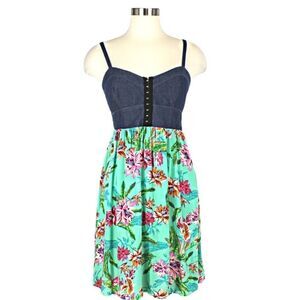 Dress Denim Corset Bodice Cottagecore Knee Length Empire Waist Floral Sz Jr's Lg
